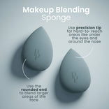 Makeup Blending Sponge usage: precision tip for hard-to-reach areas like under the eyes and around the nose; rounded end for blending larger areas of the face