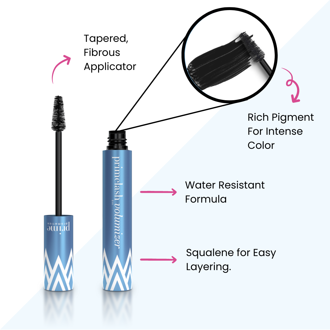 Prime Prometics PrimeLash Volumizer features: tapered fibrous applicator, rich pigment for intense color, water-resistant formula, squalene for easy layering