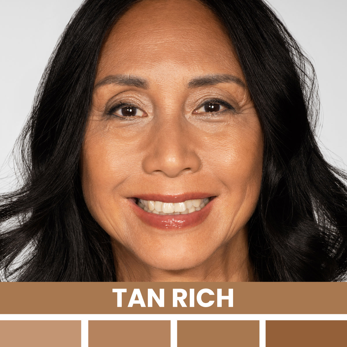 A smiling woman with medium tan skin and dark hair is shown against a plain background. Below her face is a color palette labeled Tan Rich, featuring shades of tan and brown.