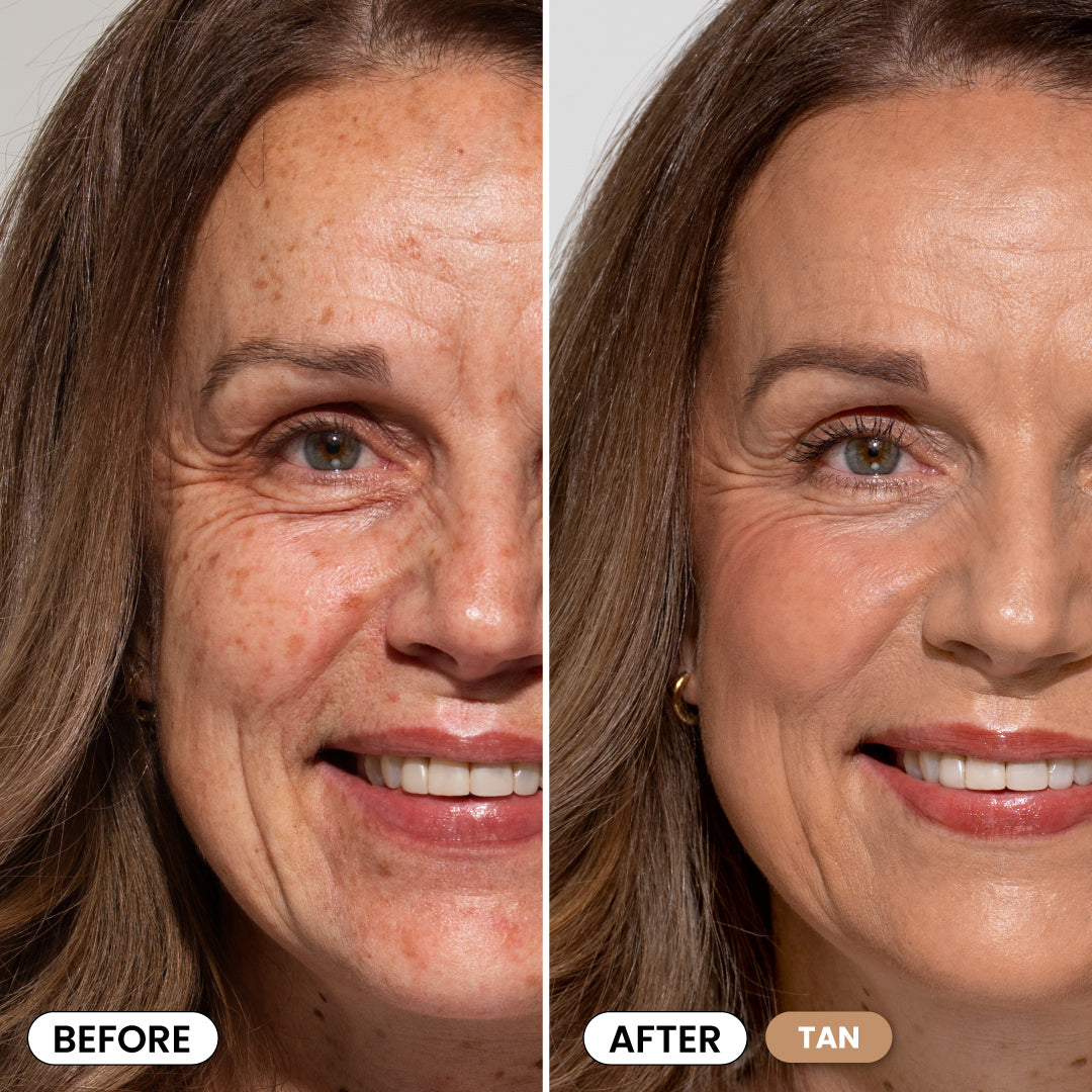 Split image showing a womans face before and after using a tanning product. The left side shows visible freckles and wrinkles, while the right side shows smoother, tanned skin with a more even complexion. Labels read Before and After Tan.