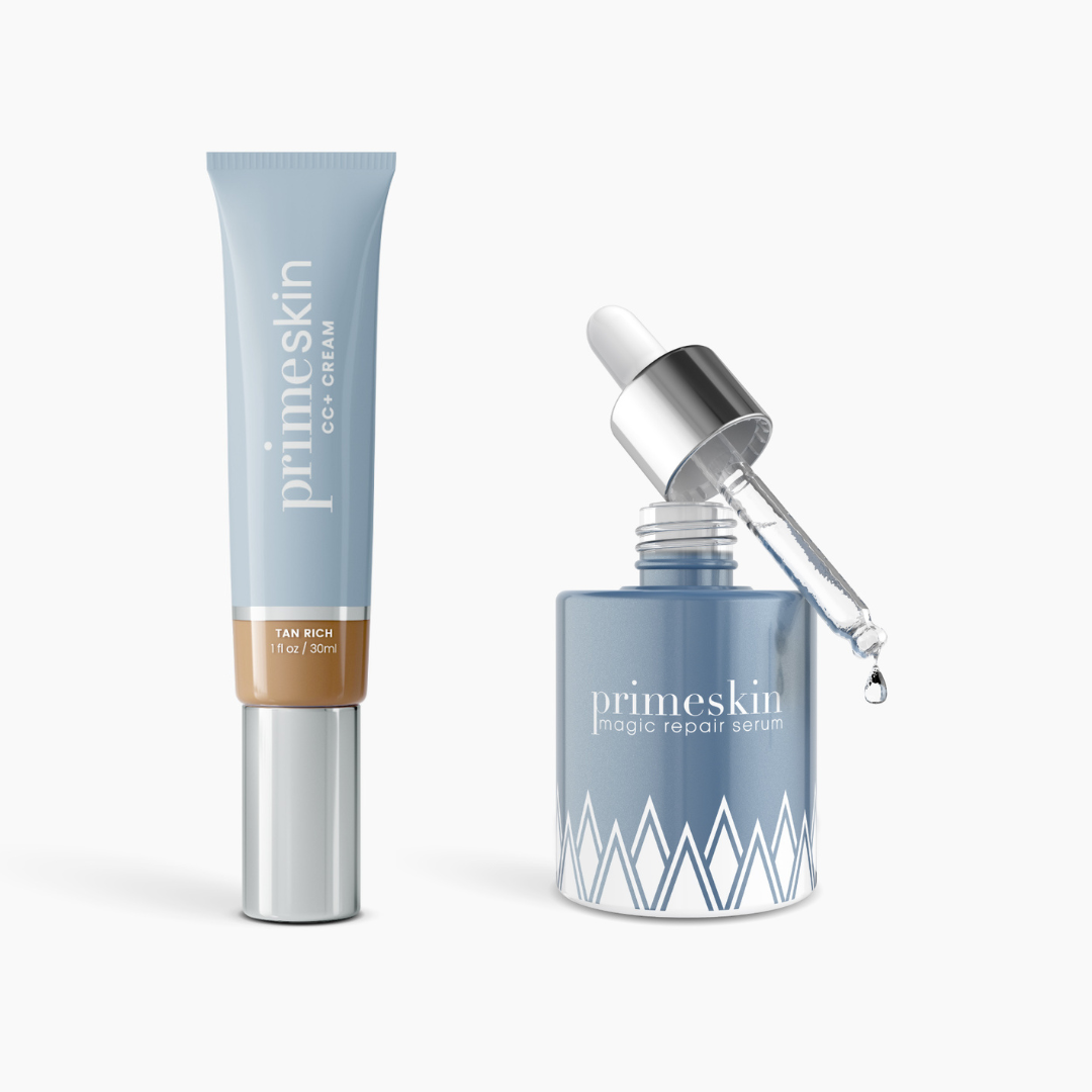 A blue PrimePrometics™ Prep & Prime Bundle, featuring CC+ Cream and Magic Repair Serum with a dropper, stands upright on a clean white background.