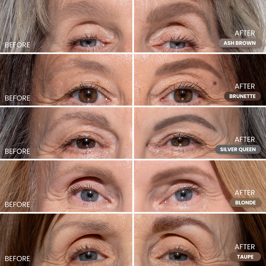 Prime Prometics PrimeBrow Pencil before-and-after results in 5 shades on mature brows: Ash Brown, Brunette, Silver Queen, Blonde, and Taupe