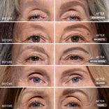 Prime Prometics PrimeBrow Pencil before-and-after results in 5 shades on mature brows: Ash Brown, Brunette, Silver Queen, Blonde, and Taupe