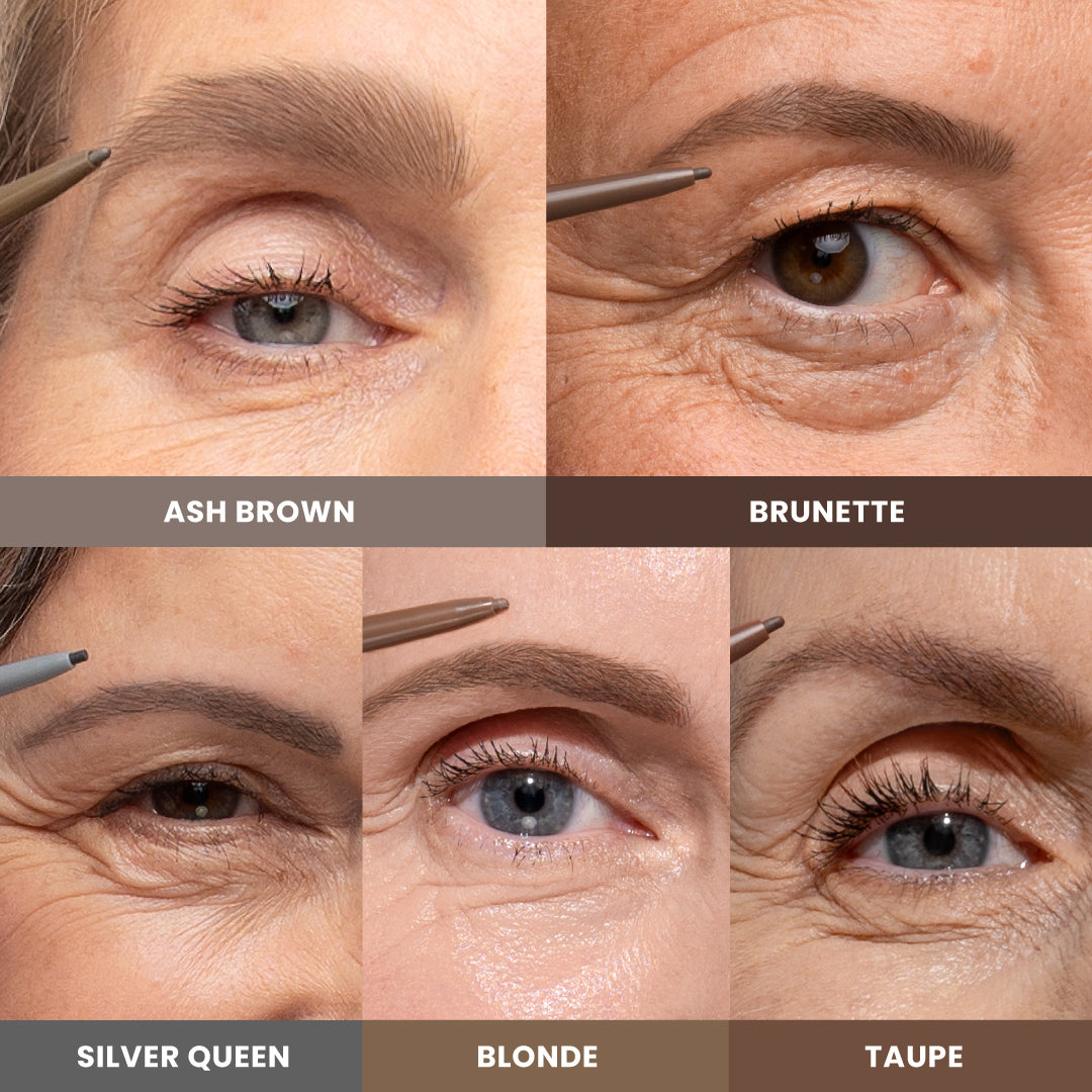 A collage showing close-ups of five women applying different eyebrow pencil shades: ash brown, brunette, silver queen, blonde, and taupe. Each section displays an eyebrow with the pencil being used.