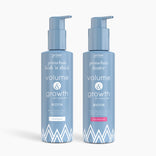Two blue pump bottles from PrimePrometics™—The Volumizing Radiance Bundle—are shown: a sulfate-free shampoo with a blue label and a volumizing conditioner with a pink label, both accented by white geometric patterns at the bottom.