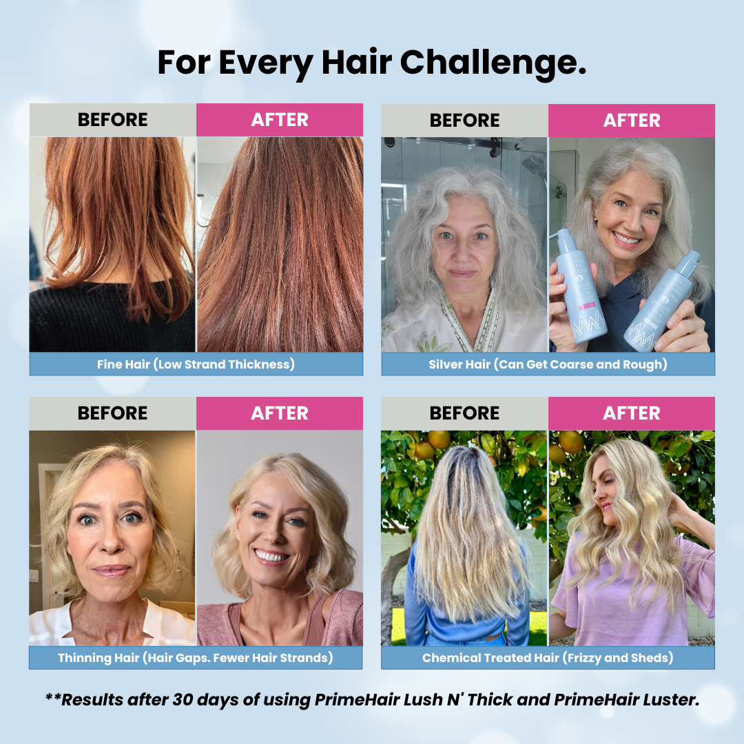 A collage shows before and after photos of women with different hair types: fine hair, silver hair, thinning hair, and chemically treated hair, all visibly improved after using PrimeHair products for 30 days.