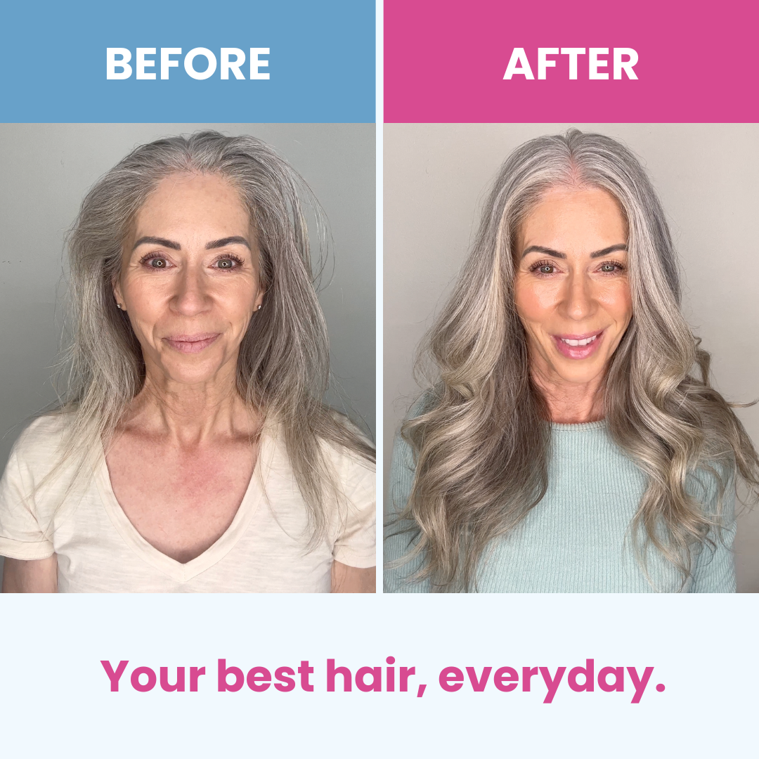 Split image showing a woman before and after a hair transformation. On the left, her hair is straight and unstyled; on the right, her hair is voluminous with styled waves. Text: Your best hair, everyday.