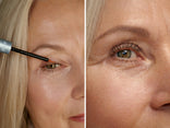 Split-image: on the left, a woman applies eyeliner to her upper eyelid; on the right, her lashes look long and full after using Both Mascaras + Serum by PrimePrometics™.