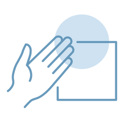 A simple line drawing of a hand approaching or tapping the edge of a square, with a large translucent blue circle near the fingertip, suggesting touch or interaction.