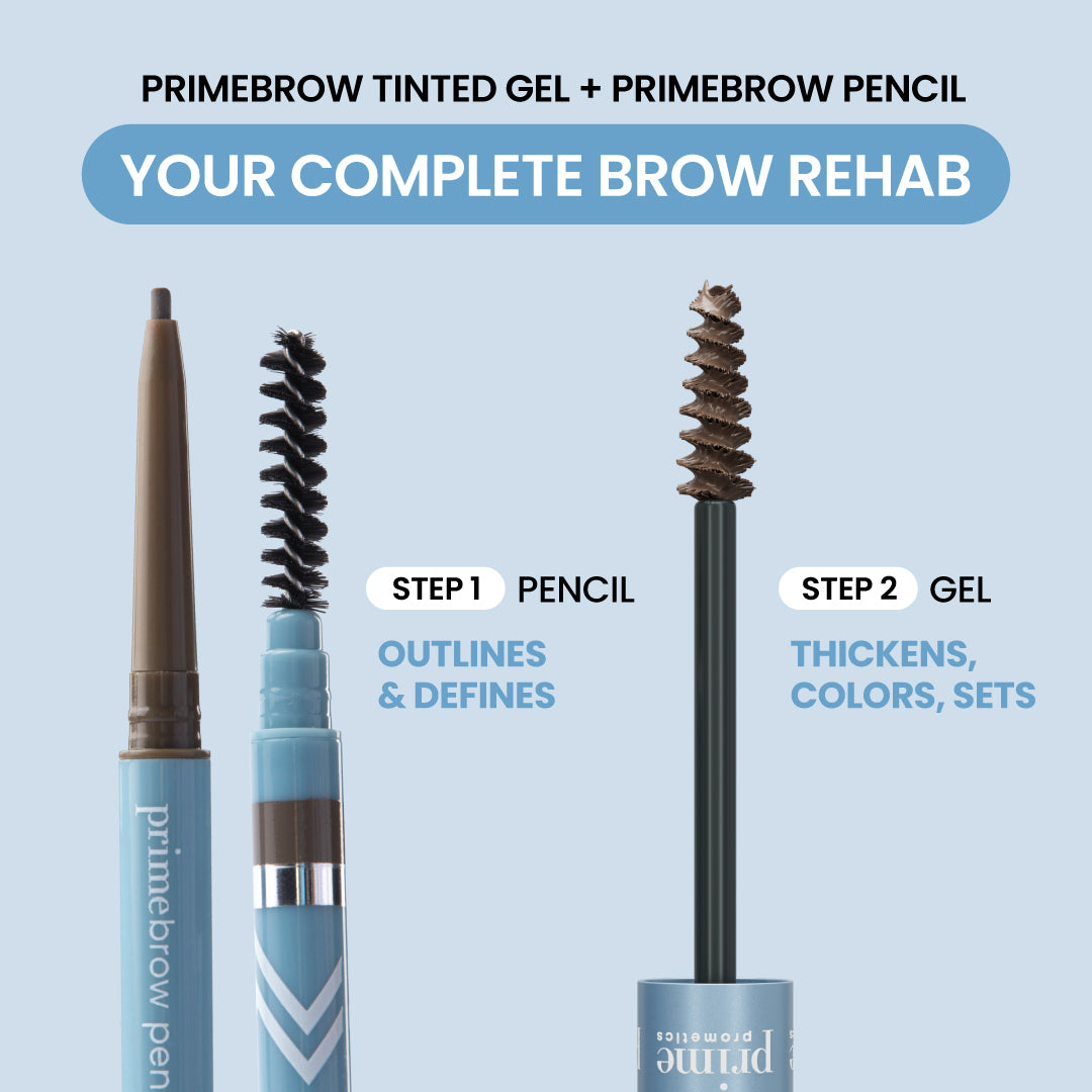 Image showing PrimeBrow Tinted Gel and PrimeBrow Pencil with labels: Step 1 Pencil outlines and defines; Step 2 Gel thickens, colors, and sets for complete brow rehab.