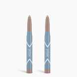 Two light brown makeup sticks labeled "2pcs PrimeEyes Eyeshadow Matte" by PrimePrometics™ in blue and white packaging stand upright against a white background—ideal for effortless matte eyeshadow looks.