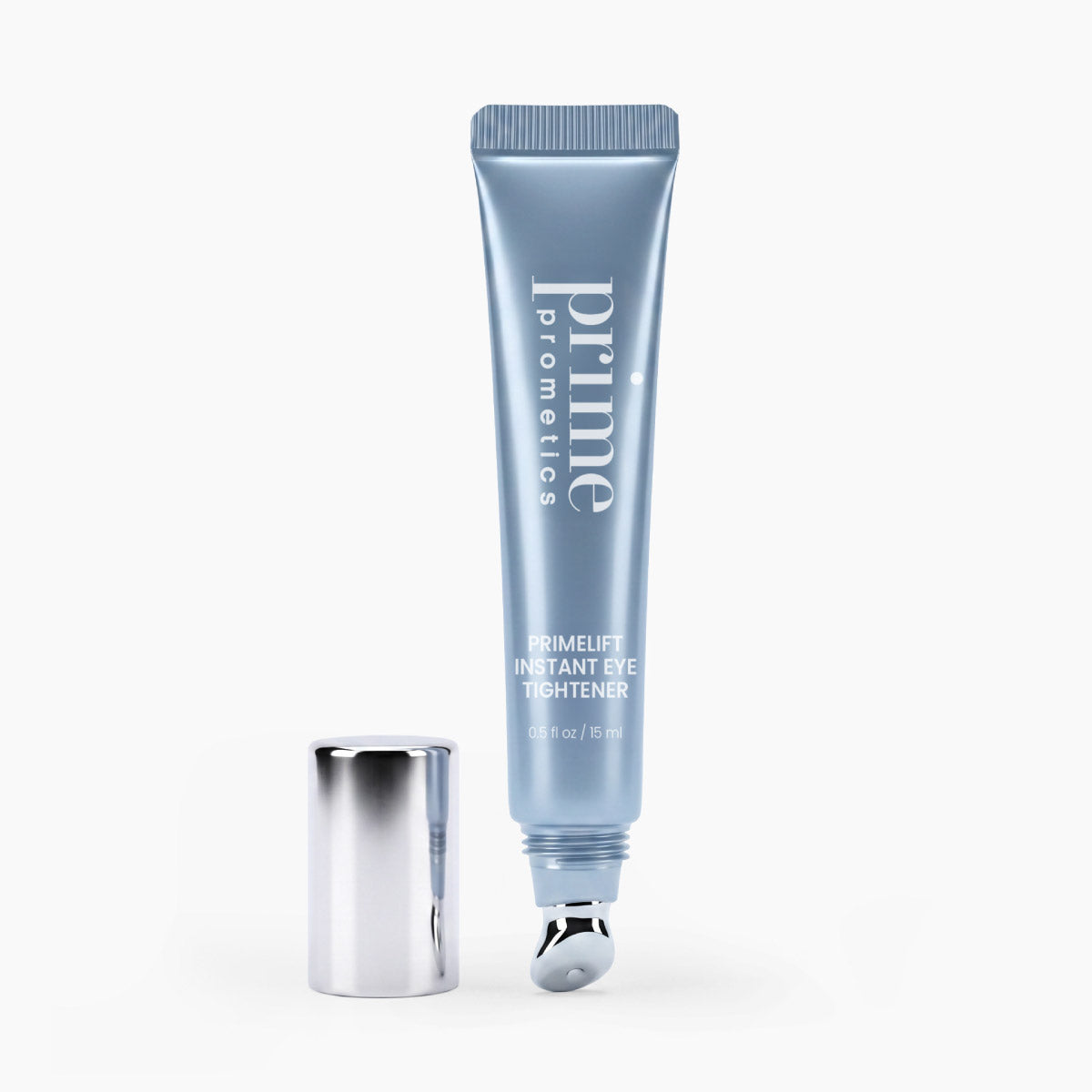 A blue tube labeled PrimePrometics™ PrimeLift Instant Eye Tightener, designed to target under-eye bags and fine lines, with a silver cap, stands open on a white background.