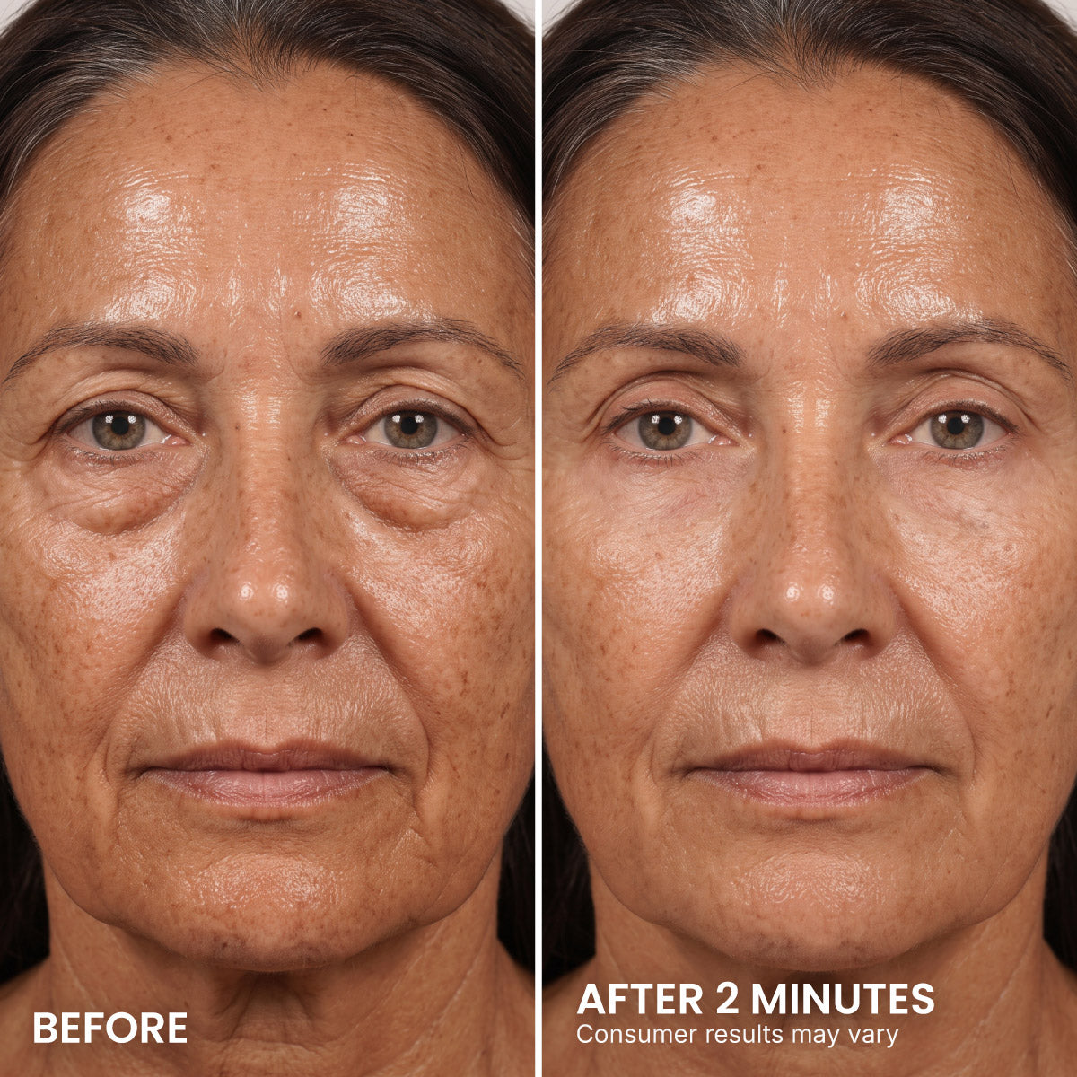 Split image of a woman’s face, left side labeled Before shows more visible wrinkles, fine lines, and noticeable under-eye bags; right side labeled After 2 Minutes after using PrimePrometics™ PrimeLift Instant Eye Tightener reveals smoother, more even skin. Text states: Consumer results may vary.