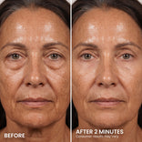 Split image of a woman’s face, left side labeled Before shows more visible wrinkles, fine lines, and noticeable under-eye bags; right side labeled After 2 Minutes after using PrimePrometics™ PrimeLift Instant Eye Tightener reveals smoother, more even skin. Text states: Consumer results may vary.