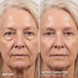 Side-by-side photos of an older woman show her face before and after applying PrimeLift Instant Eye Tightener from PrimePrometics™, with noticeably reduced wrinkles, smoother skin, and diminished under-eye bags visible in the after image. Text reads BEFORE and AFTER 2 MINUTES. Consumer results may vary.
