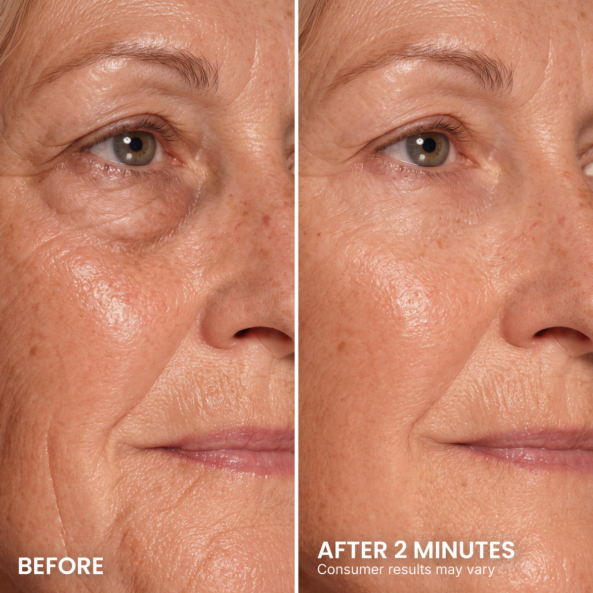 Split image of a woman’s face showing before with visible wrinkles and under-eye bags, and after 2 minutes with smoother skin. Text reads BEFORE and AFTER 2 MINUTES. Perfect for targeting fine lines and under-eye bags using PrimePrometics™ PrimeLift Instant Eye Tightener. Consumer results may vary.