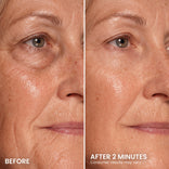 Split image of a woman’s face showing before with visible wrinkles and under-eye bags, and after 2 minutes with smoother skin. Text reads BEFORE and AFTER 2 MINUTES. Perfect for targeting fine lines and under-eye bags using PrimePrometics™ PrimeLift Instant Eye Tightener. Consumer results may vary.
