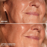Close-up of a woman’s lower face shows smoother skin and reduced fine lines in the “after 2 minutes” image after using PrimePrometics™ PrimeLift Instant Eye Tightener, compared to more visible wrinkles in the “before” image; text notes results may vary.