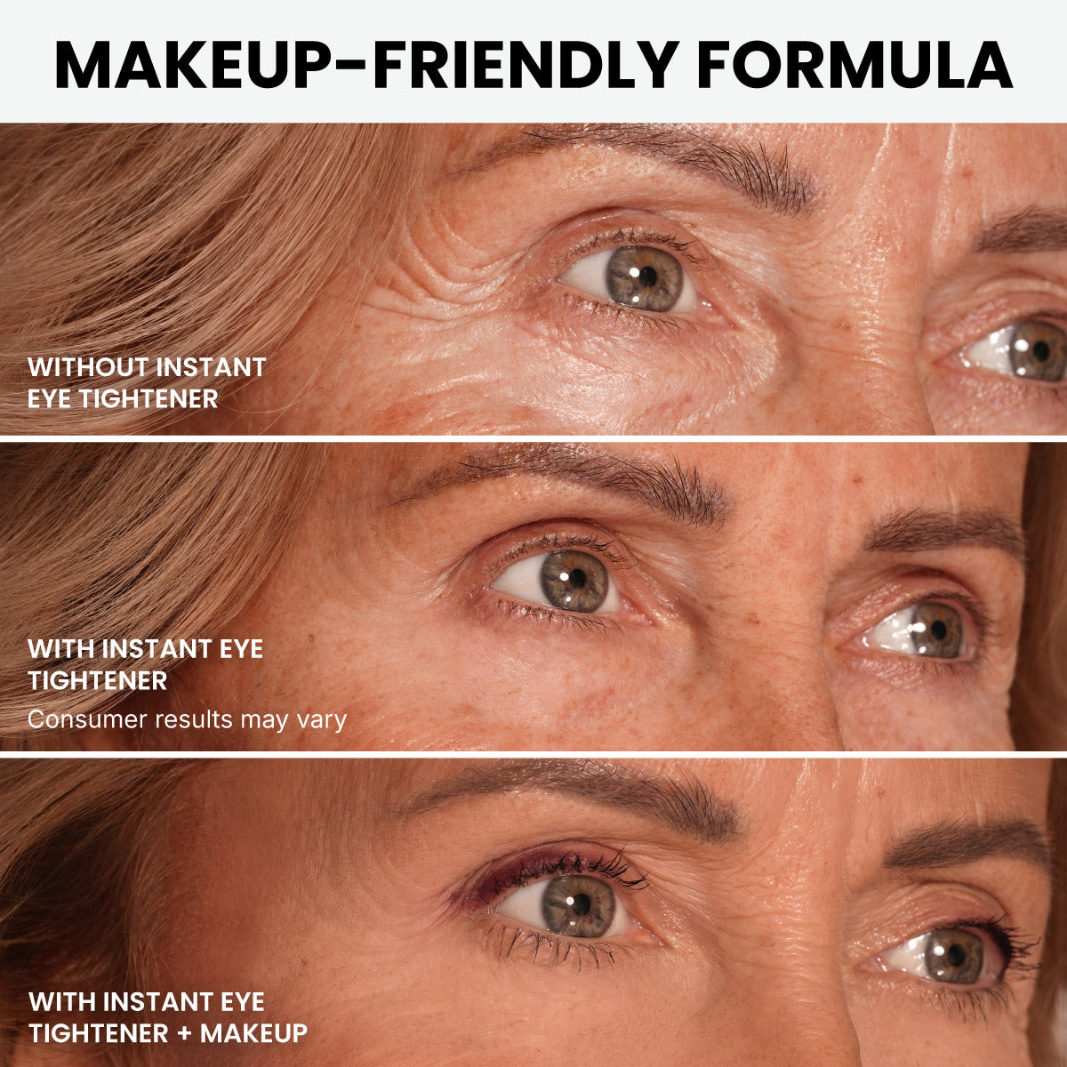 Three close-up images of a woman’s eye area: first without product, then after applying PrimeLift Instant Eye Tightener from PrimePrometics™ to target under-eye bags and fine lines, and finally with both the eye tightener and makeup applied. Text highlights the visible smoothing and tightening effects achieved with PrimeLift Instant Eye Tightener.