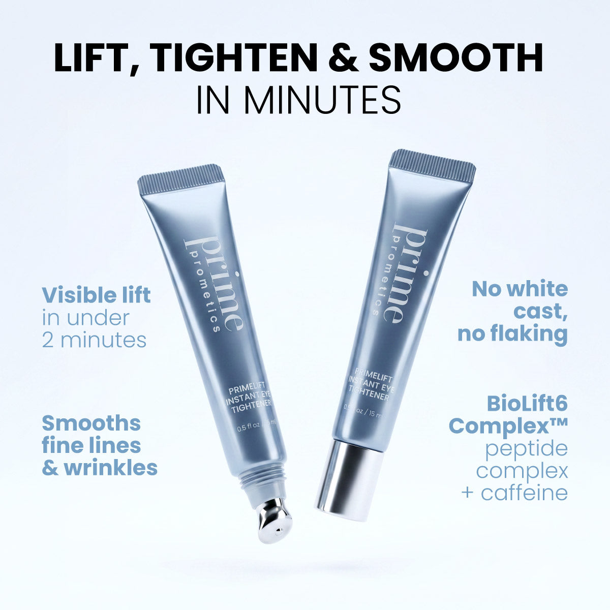 Two tubes of PrimePrometics™ PrimeLift Instant Eye Tightener are displayed, with text highlighting rapid visible lift in 2 minutes, smoothing of under-eye bags and fine lines, BioLift6 Complex, no white cast or flaking—your go-to solution for a refreshed, youthful look.
