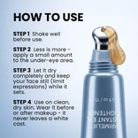A silver tube labeled PrimeLift Instant Eye Tightener from PrimePrometics™ dispenses a golden gel formulated to target fine lines and under-eye bags. Instructions for use are provided on the left side, outlining steps for applying the product beneath the eyes.