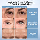A comparison shows before-and-after close-ups of eyes and forehead, highlighting reduced under-eye bags, fine lines, crow’s feet, wrinkles, and forehead lines after using PrimePrometics™ PrimeLift Instant Eye Tightener.
