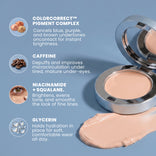 An open PrimePrometics™ Undereye Brightening Corrector sits on a blue surface, with its creamy formula swatched nearby—this color-correcting balm is perfect for brightening dark circles.