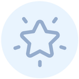 A simple blue outline of a star with short lines around it, symbolizing shining or glowing, on a light blue circular background.