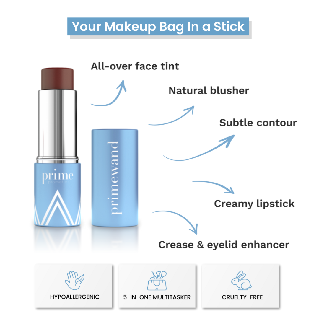 A blue makeup stick labeled primewand with its cap off, showing a brown-tinted product. Arrows highlight features: all-over face tint, natural blusher, subtle contour, creamy lipstick, crease & eyelid enhancer. Icons show its hypoallergenic, multitasking, and cruelty-free.