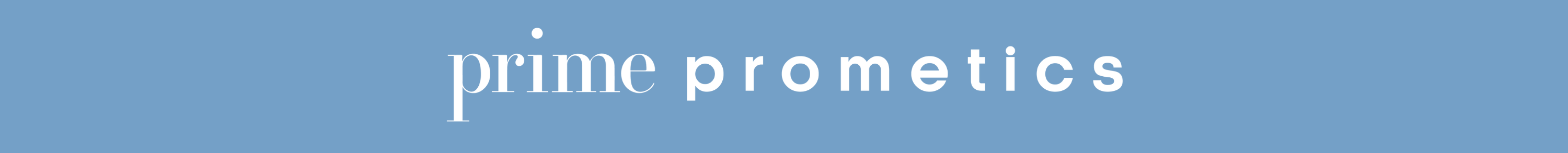 Logo with the words prime prometics in white lowercase letters on a light blue background. The word prime uses a thin serif font; prometics is in bold sans-serif.