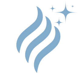 A stylized blue flame with three curved segments, accompanied by four sparkling stars of varying sizes on the upper right, all set against a white background.