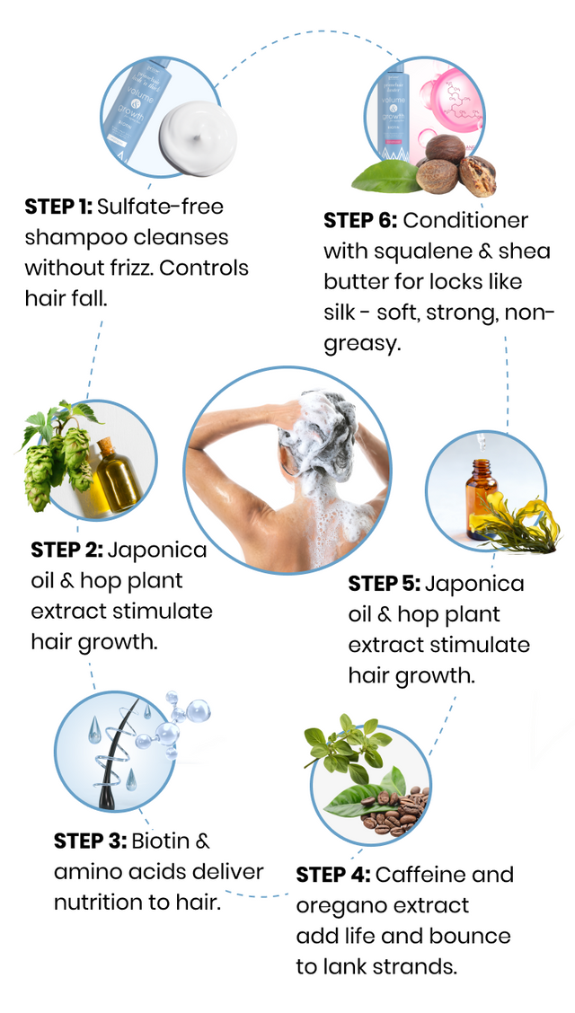 Infographic showing six steps of a hair care routine, featuring shampoo, conditioner, natural oils, and nutrients. Central image: person washing hair. Ingredients like biotin, caffeine, and plant extracts are highlighted.
