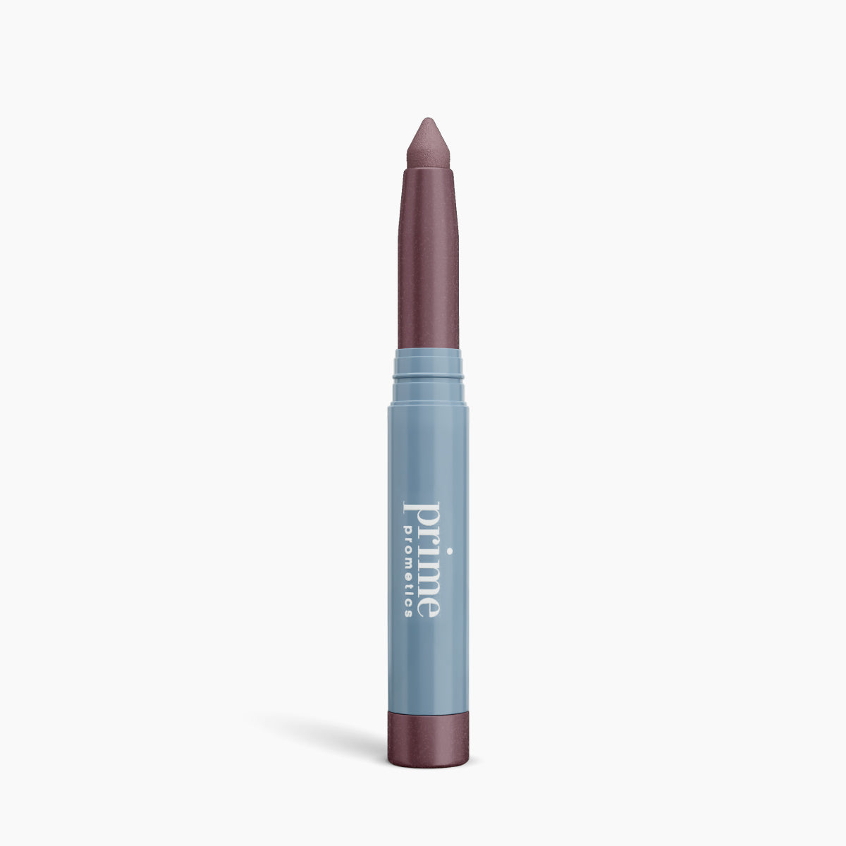 The Mini PrimeEyes Brightener by PrimePrometics™ is a shimmery beige eyeshadow stick with a twist-up design and a blue barrel, displayed against a white background.
