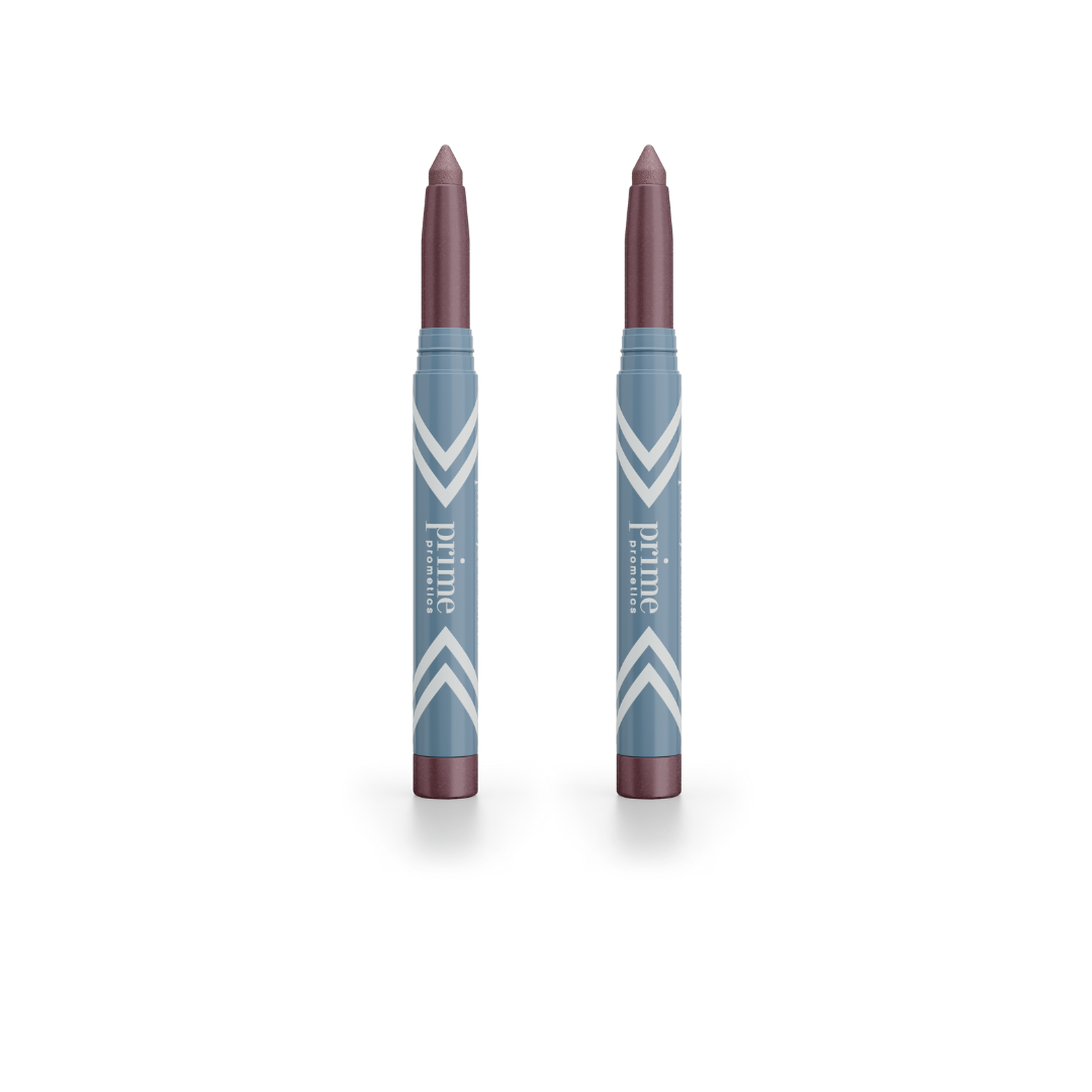 Two mauve-colored 2pcs PrimeEyes Eye Brightener sticks by PrimePrometics™ stand upright on a white background in blue and white striped packaging with "prime" printed vertically—great for your eye care routine.