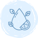 Line drawing of a water droplet with small leaves and a citrus slice inside, depicted in light blue on a pale blue circular background.