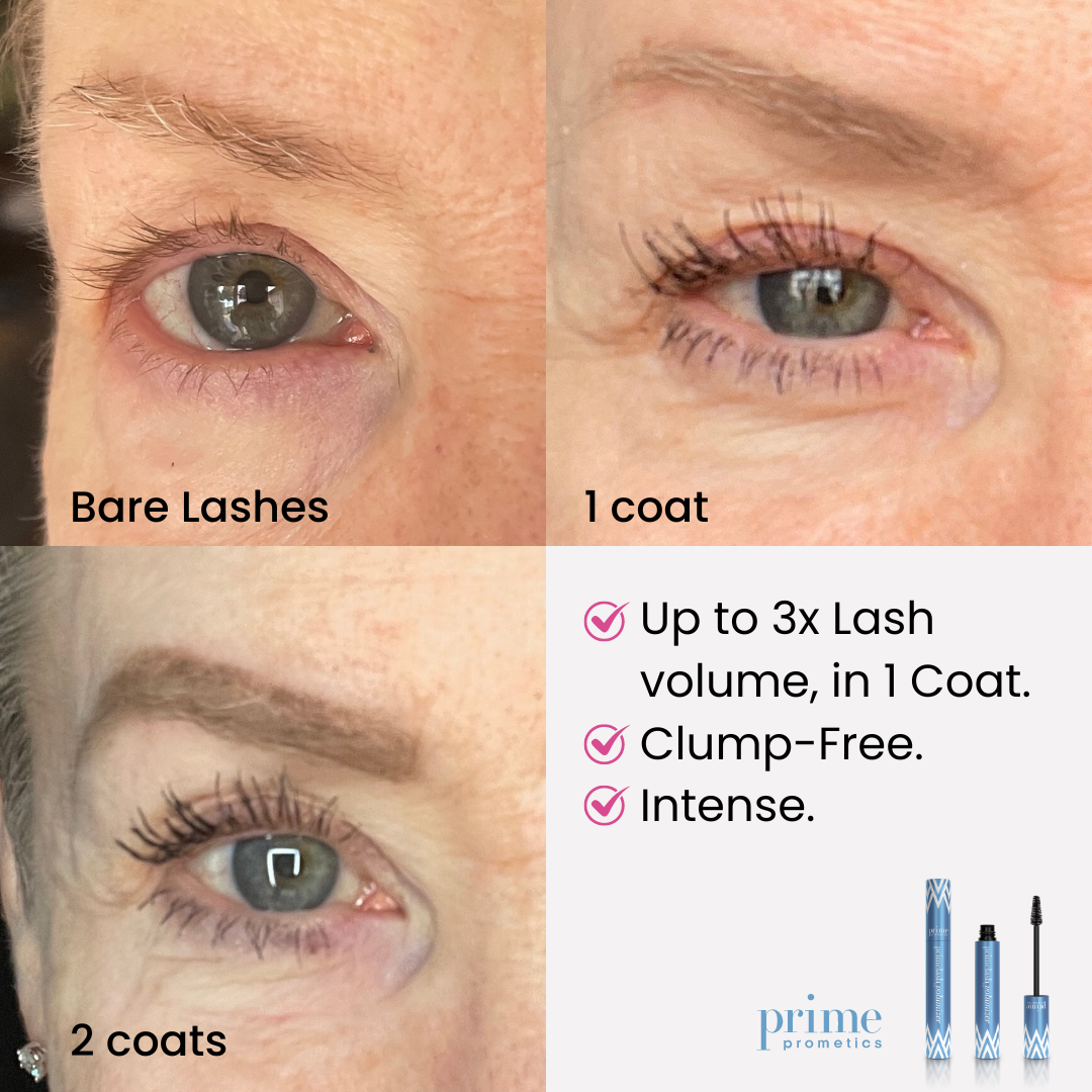 Prime Prometics PrimeLash Volumizer eye comparison from bare lashes to 1 coat to 2 coats: up to 3x lash volume in 1 coat, clump-free, intense