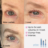 Prime Prometics PrimeLash Volumizer eye comparison from bare lashes to 1 coat to 2 coats: up to 3x lash volume in 1 coat, clump-free, intense