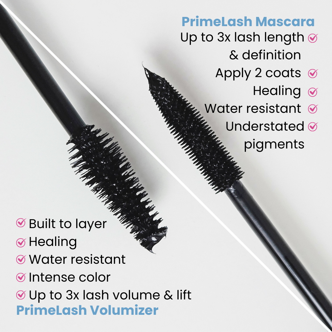 Comparison of Prime Prometics PrimeLash Mascara for length and definition versus PrimeLash Volumizer for layering, intense color, and 3x lash volume and lift