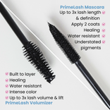 Comparison of Prime Prometics PrimeLash Mascara for length and definition versus PrimeLash Volumizer for layering, intense color, and 3x lash volume and lift
