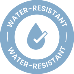 A blue circular badge with the words “WATER-RESISTANT” repeated twice around the edge. In the center is a water droplet with a checkmark inside, indicating water resistance.