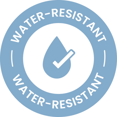 A blue circular badge with the words “WATER-RESISTANT” repeated twice around the edge. In the center is a water droplet with a checkmark inside, indicating water resistance.