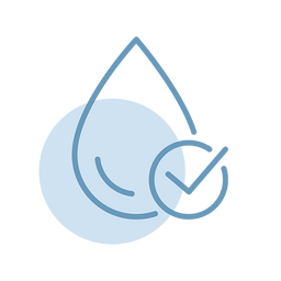 A simple blue line drawing of a water droplet with a check mark inside a circle overlapping it, symbolizing water quality or approval.