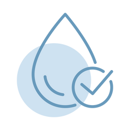 Ein blauer Umriss eines Wassertropfens überlagert einen blauen Kreis, wobei sich unten rechts ein Häkchen in einem kleineren Kreis befindet, das für sauberes oder zugelassenes Wasser steht.