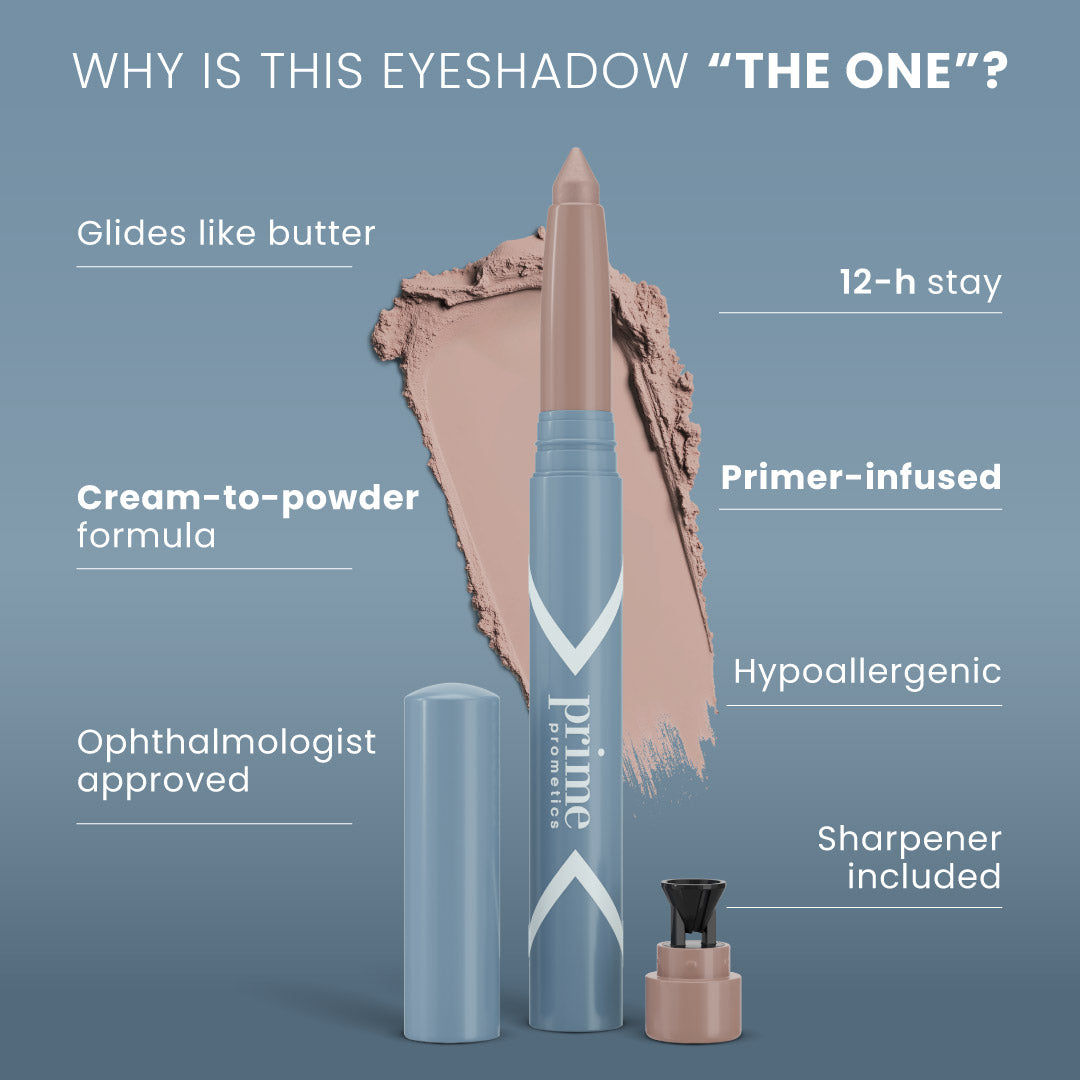 PrimePrometics™ 2pcs PrimeEyes Eyeshadow Matte features a sharpened tip with cap, glides on smoothly, stays for 12 hours, is primer-infused and cream-to-powder. Hypoallergenic, ophthalmologist approved—sharpener included.