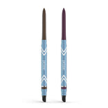 Two PrimePrometics™ 2pcs PrimeEyes Glide Eyeliners—one brown, one dark purple with blue barrels labeled "prime"—stand upright against a white background. Water-resistant and ideal for mature skin, they deliver smooth, all-day color.