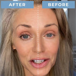 A woman’s face is split down the middle; the left side, labeled AFTER, shows full makeup with PrimePrometics™ Both Mascaras + Serum, while the right side, labeled BEFORE, appears makeup-free.