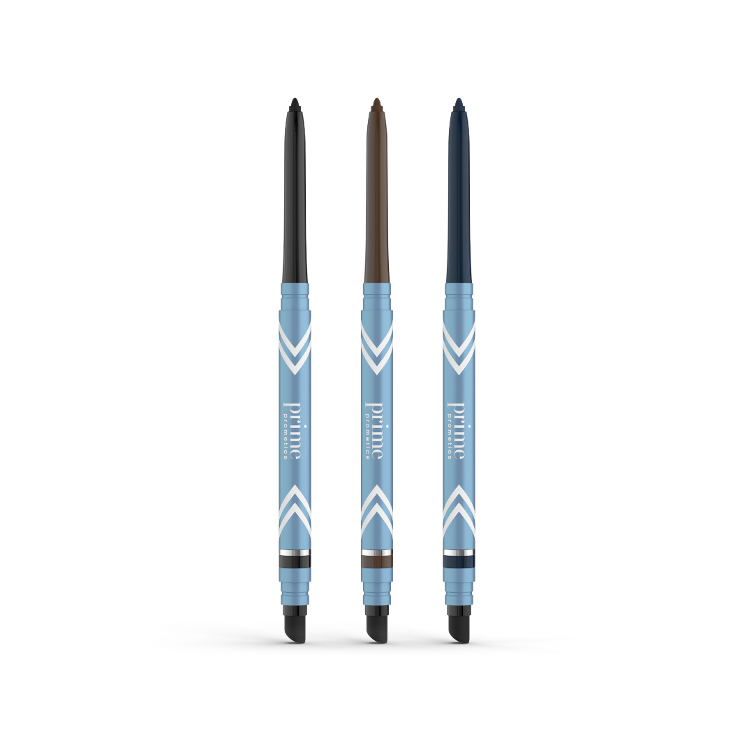 Three retractable eyeliner pencils with light blue barrels and white chevron designs, displayed upright side by side. The pencil tips are black, brown, and navy blue from left to right.