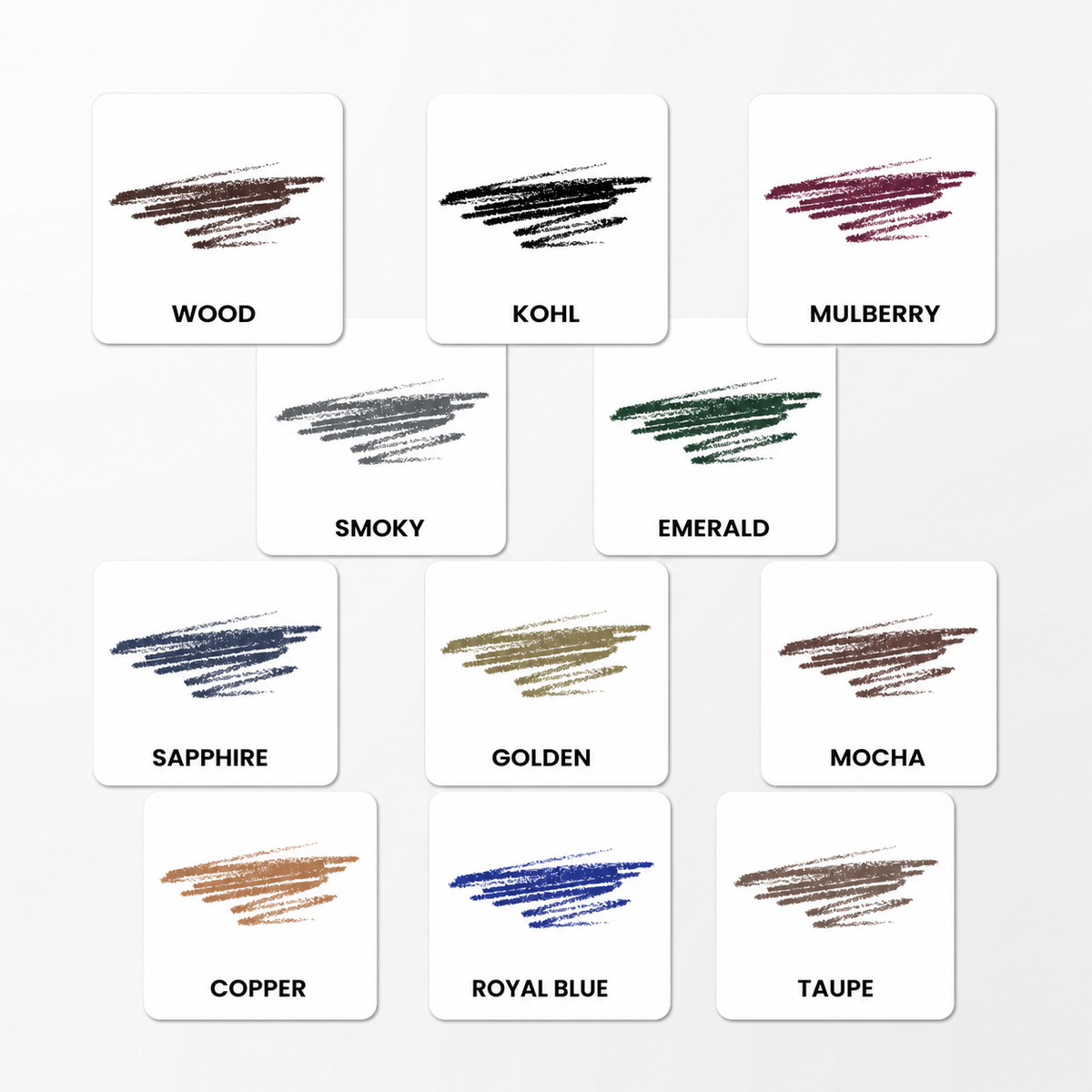 Zehn Felder zeigen farbige Striche mit den Bezeichnungen: Wood, Kohl, Mulberry, Smoky, Emerald, Sapphire, Golden, Mocha, Copper, Royal Blue und Taupe. Jede Skizze entspricht dem Farbnamen – und unterstreicht damit die große Farbpalette des „PrimeEyes Glide Eyeliner“ von PrimePrometics™. Perfekt für alle, die einen einfach aufzutragenden Eyeliner suchen, der geschmeidig gleitet und für eine lebendige Definition sorgt.