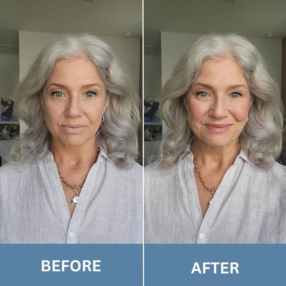 Side-by-side photos of an older woman with gray hair wearing a light button-up shirt. Before image shows her with a neutral expression, while After image shows her smiling with added blush and lipstick.