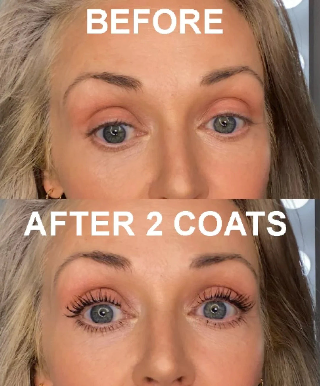 A close-up of a womans face shows a comparison: the top image labeled BEFORE displays bare eyelashes, while the bottom image labeled AFTER 2 COATS shows her eyelashes thicker and more defined with mascara.